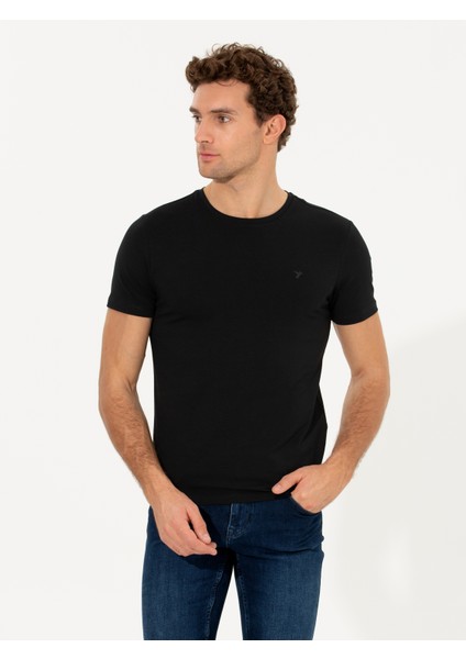 Erkek Siyah Bisiklet Yaka Slim Fit Basic T-Shirt 50263987-VR046