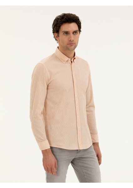 Erkek Turuncu Slim Fit Pamuk Karışımlı Çizgili Gömlek 50284424-VR051