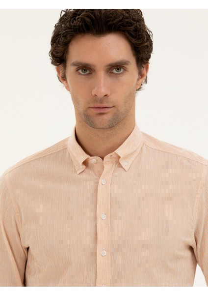 Erkek Turuncu Slim Fit Pamuk Karışımlı Çizgili Gömlek 50284424-VR051 fiyatları