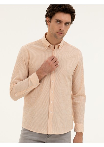 Erkek Turuncu Slim Fit Pamuk Karışımlı Çizgili Gömlek 50284424-VR051 modelleri
