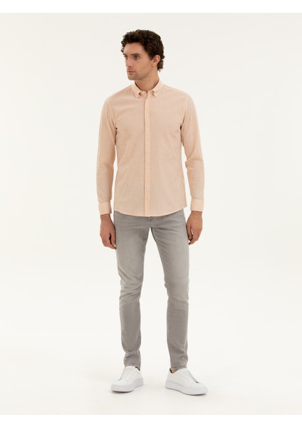 Erkek Turuncu Slim Fit Pamuk Karışımlı Çizgili Gömlek 50284424-VR051 fırsatları