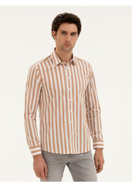 Erkek Kahverengi Slim Fit Çizgili Gömlek 50285448-VR029