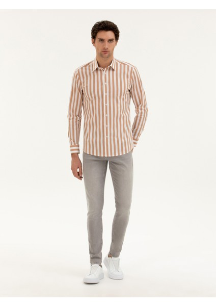 Erkek Kahverengi Slim Fit Çizgili Gömlek 50285448-VR029 fırsatları