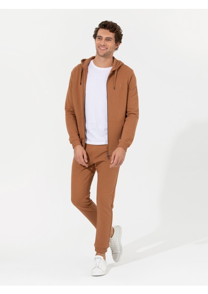 Erkek Camel %100 Pamuk Tam Fermuarlı Kapüşonlu Sweatshirt 50257177-VR015