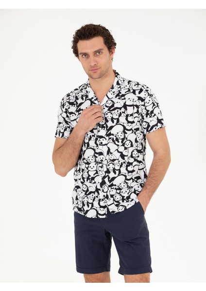 Erkek Siyah Slim Fit Keten Karışımlı Kısakol Gömlek 50265490-VR046