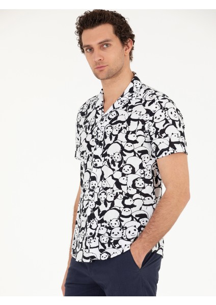Erkek Siyah Slim Fit Keten Karışımlı Kısakol Gömlek 50265490-VR046