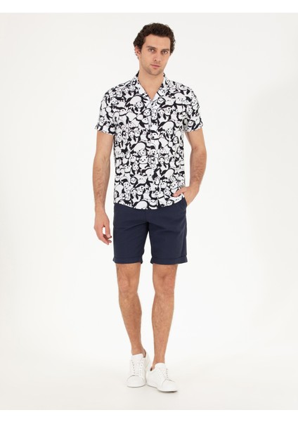 Erkek Siyah Slim Fit Keten Karışımlı Kısakol Gömlek 50265490-VR046