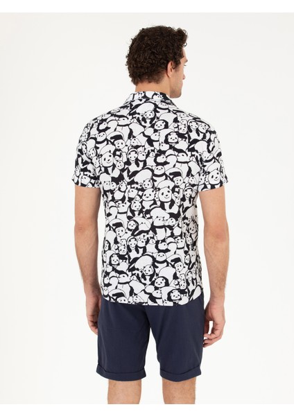 Erkek Siyah Slim Fit Keten Karışımlı Kısakol Gömlek 50265490-VR046