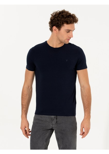 Erkek Lacivert Bisiklet Yaka Slim Fit Basic T-Shirt 50263987-VR033