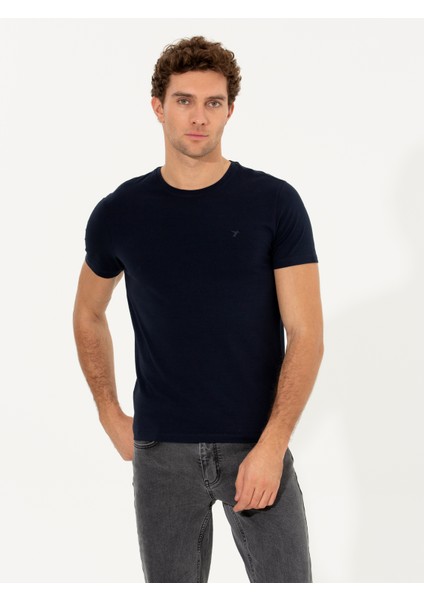 Erkek Lacivert Bisiklet Yaka Slim Fit Basic T-Shirt 50263987-VR033
