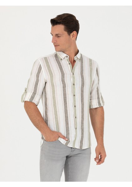 Erkek Haki Slim Fit %100 Keten Gömlek 50265480-VR027