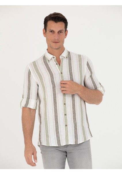Erkek Haki Slim Fit %100 Keten Gömlek 50265480-VR027 modelleri