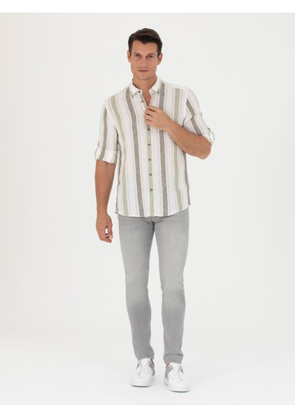 Erkek Haki Slim Fit %100 Keten Gömlek 50265480-VR027 fırsatları