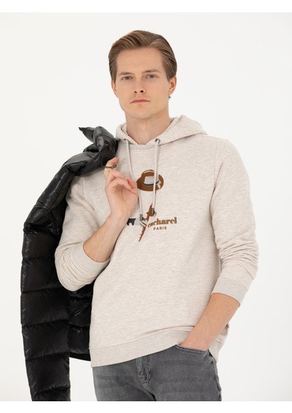 Erkek Bej Melanj Regular Fit Pamuk Karışımlı Kapüşonlu Sweatshirt 50272475-VR156