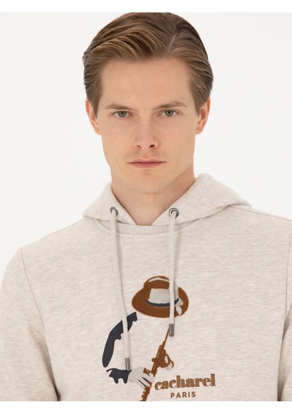 Erkek Bej Melanj Regular Fit Pamuk Karışımlı Kapüşonlu Sweatshirt 50272475-VR156 fiyatları
