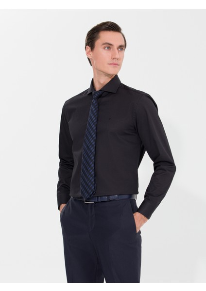 Erkek Siyah Slim Fit Uzun Kollu Basic Gömlek 50268927-VR046