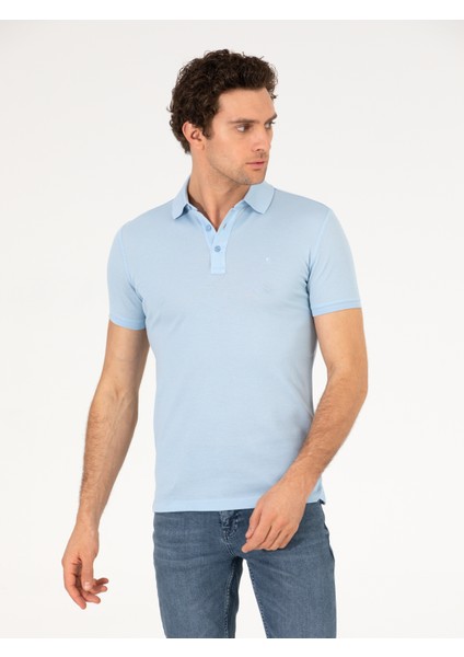 Erkek Buz Mavisi Polo Yaka Slim Fit Basic Merserize T-shirt 50265364-VR095