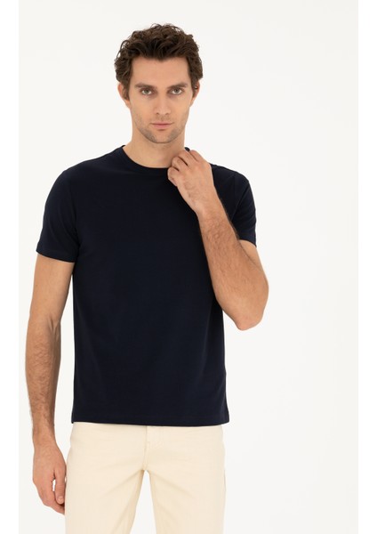 Erkek Lacivert Slim Fit Bisiklet Yaka Basic T-Shirt 50284773-VR033