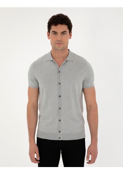 Erkek Açık Gri Slim Fit Düğmeli Polo Yaka Keten Karışımlı Triko Kazak 50289239-VR001