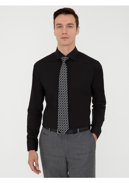 Erkek Siyah Slim Fit Uzun Kollu Basic Gömlek 50242782-VR046