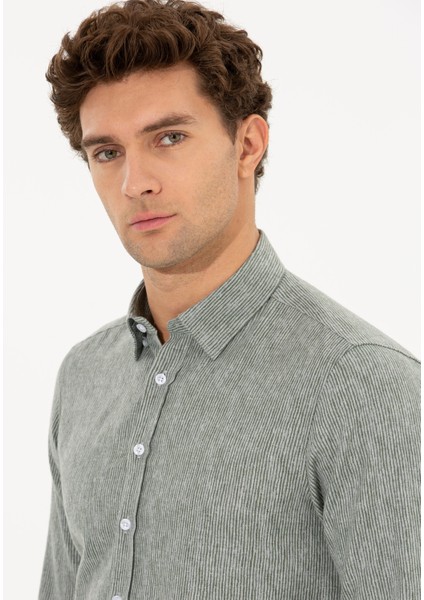 Erkek Haki Slim Fit Uzun Kollu Gömlek 50255618-VR027 indirimleri