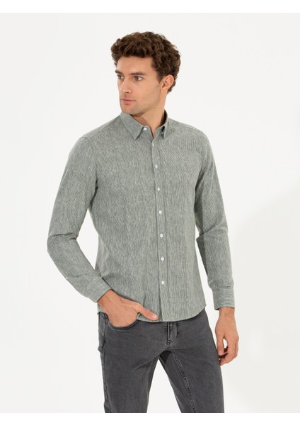 Erkek Haki Slim Fit Uzun Kollu Gömlek 50255618-VR027