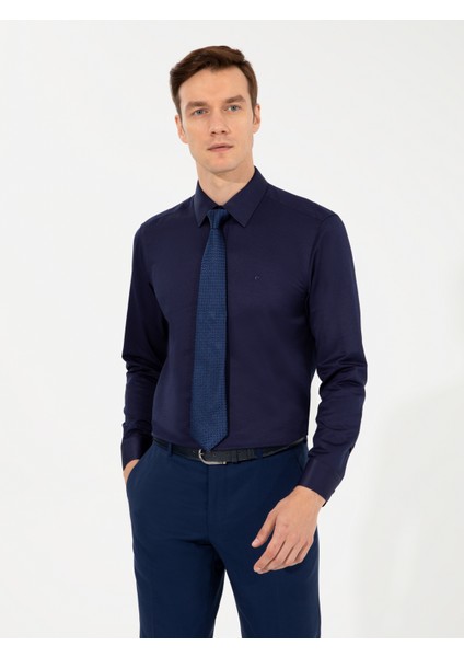 Erkek Lacivert Slim Fit Uzun Kollu Basic Gömlek 50258543-VR033