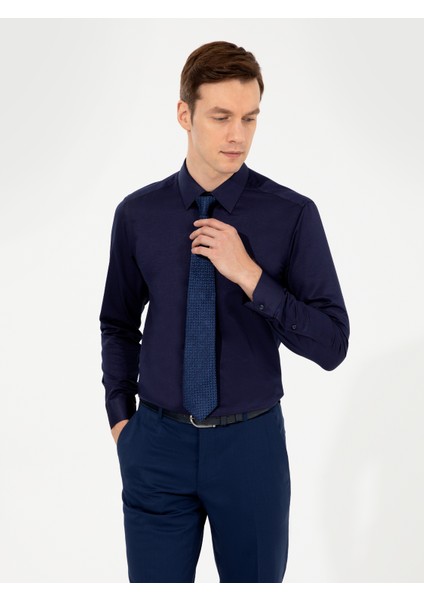 Erkek Lacivert Slim Fit Uzun Kollu Basic Gömlek 50258543-VR033