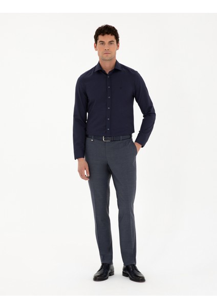 Pierre Cardin Erkek Lacivert Slim Fit Armürlü Uzun Kollu Gömlek 50289417-VR033