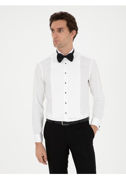 Erkek Beyaz Slim Fit Manşetli Pamuk Karışımlı Smokin Gömlek 50287297-VR013