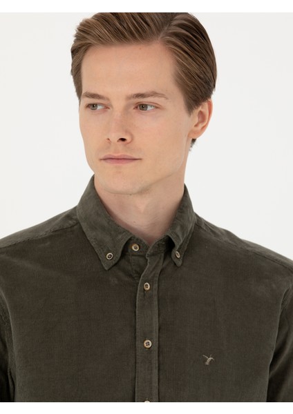 Erkek Haki Regular Fit Uzun Kollu Kadife Gömlek 50278523-VR027 fiyatları