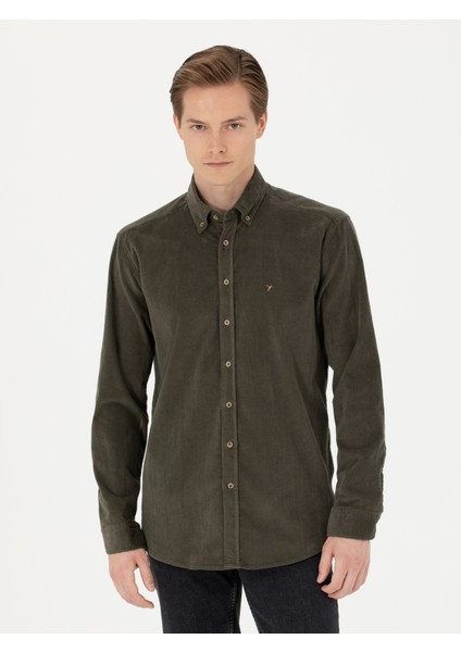 Erkek Haki Regular Fit Uzun Kollu Kadife Gömlek 50278523-VR027 modelleri