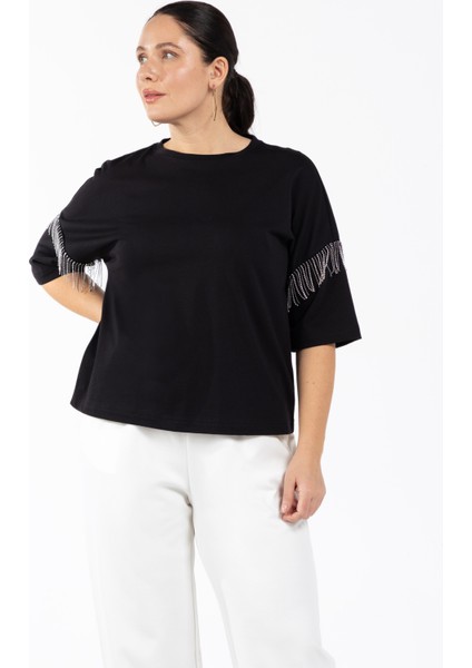 Yuvarlak Yaka Düz Siyah Kadın T-Shirt Joan modelleri