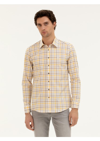 Erkek Sarı Slim Fit Pamuk Ekose Gömlek 50284422-VR044