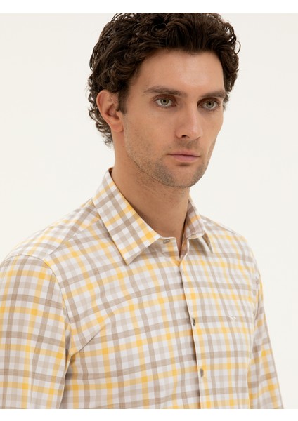 Erkek Sarı Slim Fit Pamuk Ekose Gömlek 50284422-VR044
