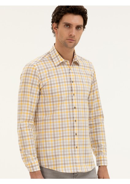 Erkek Sarı Slim Fit Pamuk Ekose Gömlek 50284422-VR044