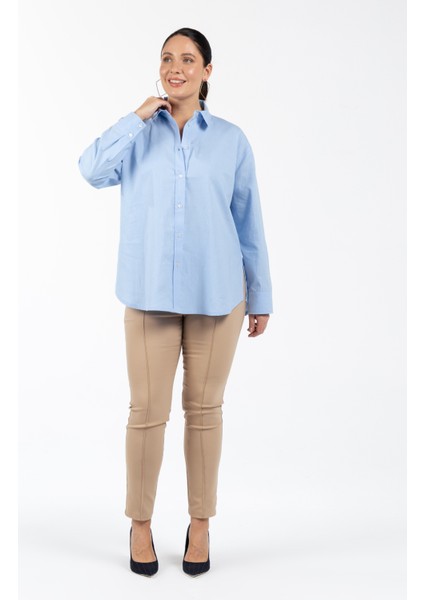 Rahat Gömlek Yaka Düz Mavi Kadın Gömlek Kınsey