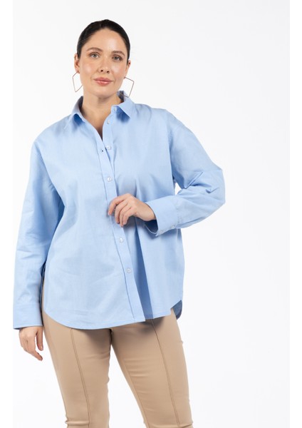 Rahat Gömlek Yaka Düz Mavi Kadın Gömlek Kınsey fiyatları