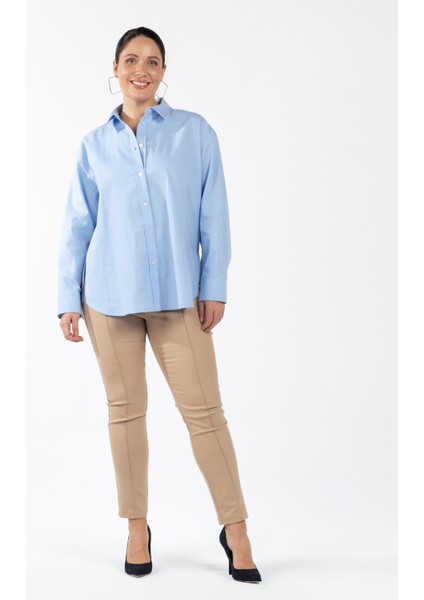 Rahat Gömlek Yaka Düz Mavi Kadın Gömlek Kınsey modelleri