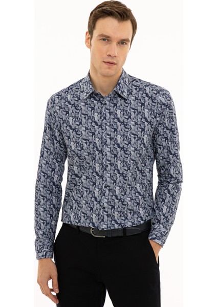 Erkek Lacivert Slim Fit Uzun Kollu Gömlek 50227308-VR033