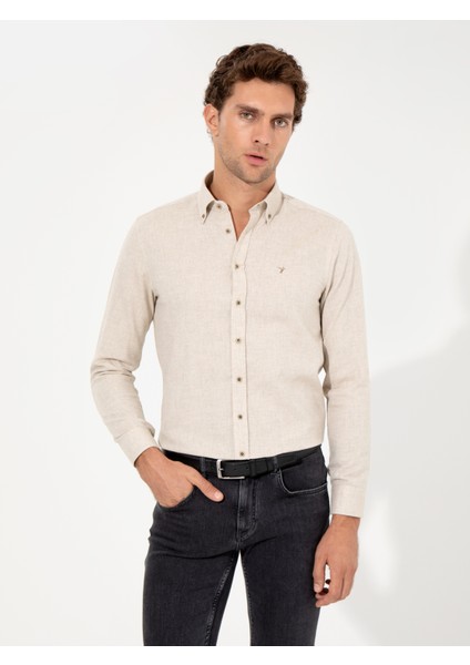 Erkek Bej Slim Fit Uzun Kollu Gömlek 50256919-VR011