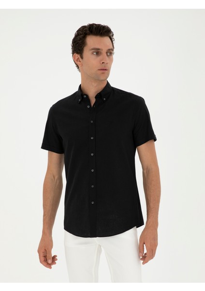 Erkek Siyah Slim Fit Keten Karışımlı Kısakol Gömlek 50288558-VR046
