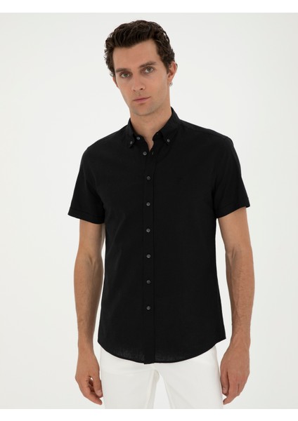 Erkek Siyah Slim Fit Keten Karışımlı Kısakol Gömlek 50288558-VR046 modelleri