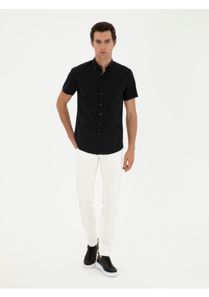 Erkek Siyah Slim Fit Keten Karışımlı Kısakol Gömlek 50288558-VR046 fırsatları