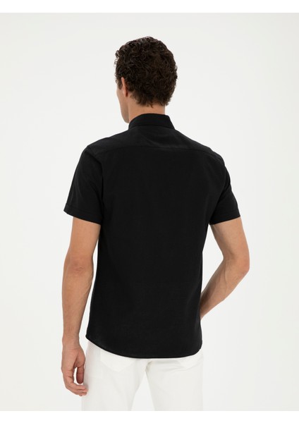 Erkek Siyah Slim Fit Keten Karışımlı Kısakol Gömlek 50288558-VR046 indirimleri