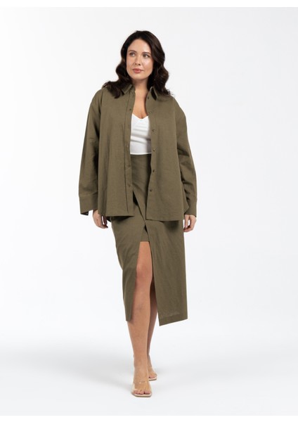 Rahat Gömlek Yaka Düz Haki Kadın Gömlek Kınsey