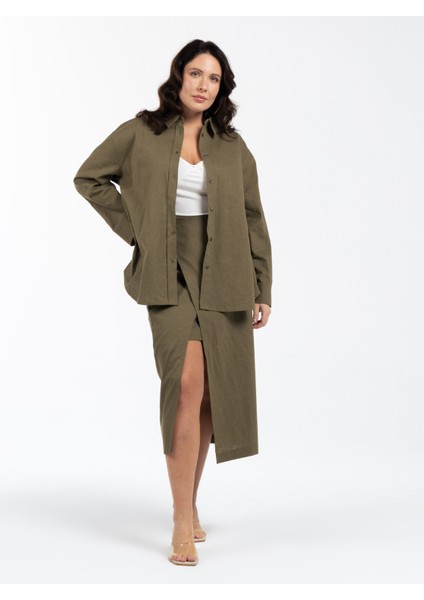 Rahat Gömlek Yaka Düz Haki Kadın Gömlek Kınsey fiyatları