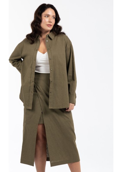 Rahat Gömlek Yaka Düz Haki Kadın Gömlek Kınsey modelleri