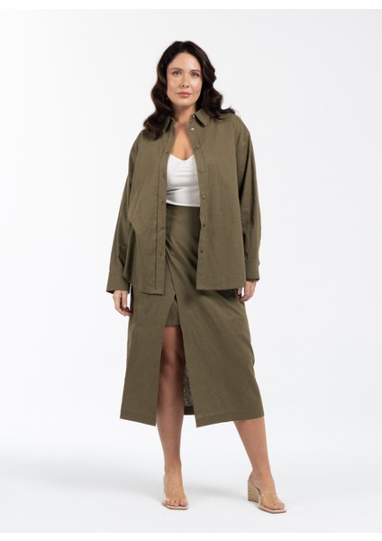 Rahat Gömlek Yaka Düz Haki Kadın Gömlek Kınsey fırsatları