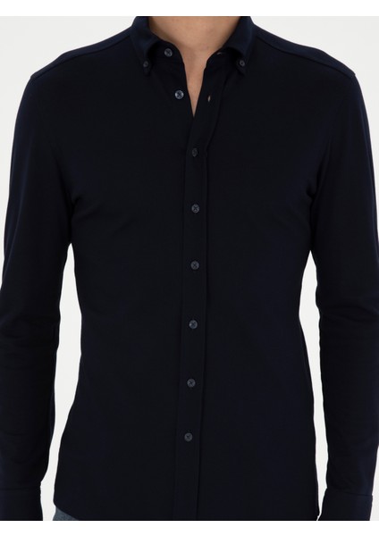 Erkek Lacivert Slim Fit Pamuk Karışımlı Gömlek 50287865-VR033